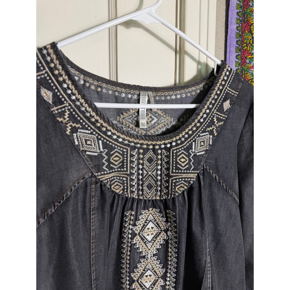 Monoreno M Embroidered Tunic Top Gray Boho Western Southwestern Long Sleeve - Picture 3 of 9